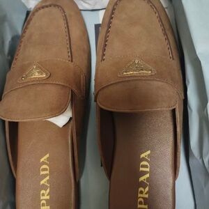 Prada Brown Suede Slip-On Sandals with Gold Logo Plaque